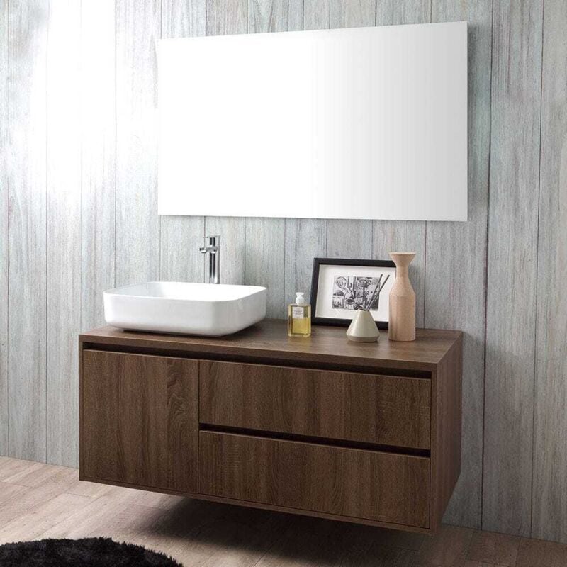 Kiamami Valentina - Meuble De Salle De Bain Suspendu Avec Aspect En Bois De Noyer Foncé 120Cm Et Miroir Avec Bords Polis Siena