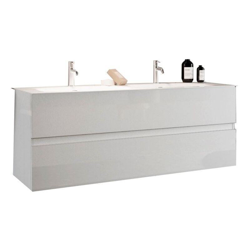 Meublorama - Meuble de salle de bain suspendu avec deux vasques et 2 tiroirs, collection vienne. Coloris blanc brillant