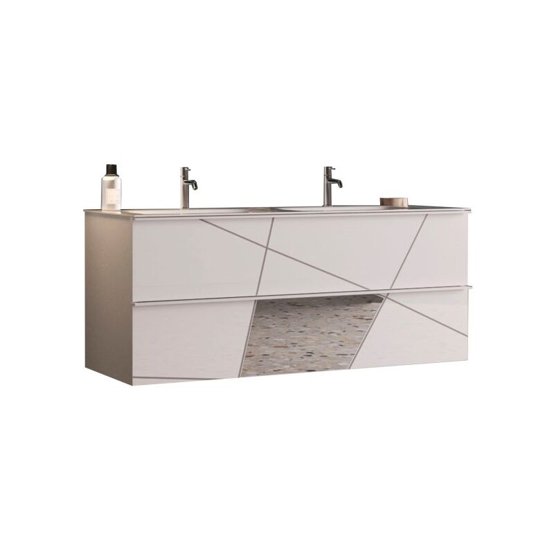 Meuble de salle de bain suspendu avec deux vasques et 2 tiroirs, collection vitario. Coloris blanc brillant