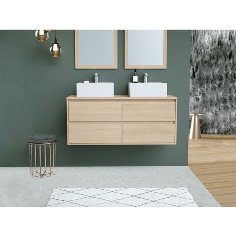 Meuble de salle de bain suspendu avec double vasque à poser - Placage chêne - 120 cm - MILIPAM - Naturel clair