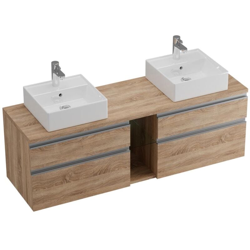 Vente-unique - Meuble de salle de bain suspendu avec double vasque - Coloris naturel clair - 150 cm - magdalena ii