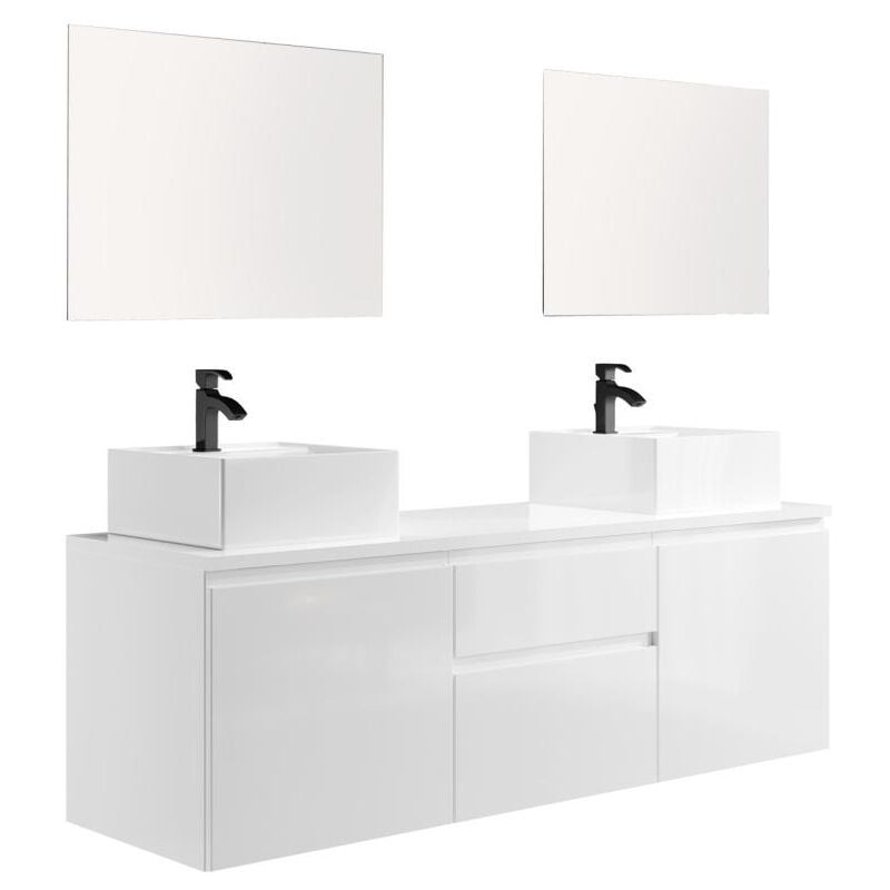Vente-unique - Meuble de salle de bain suspendu avec double vasque et miroirs - Blanc - 150 cm - jimena ii