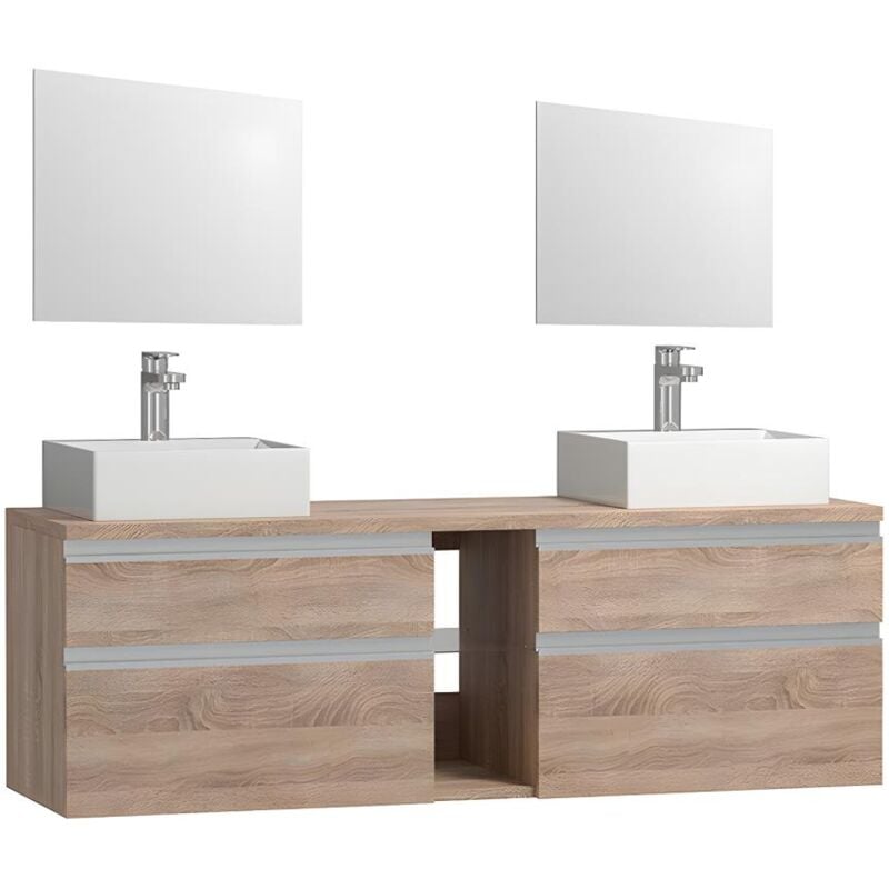 Meuble de salle de bain suspendu avec double vasque et miroirs - Coloris naturel clair - 150 cm - MAGDALENA II
