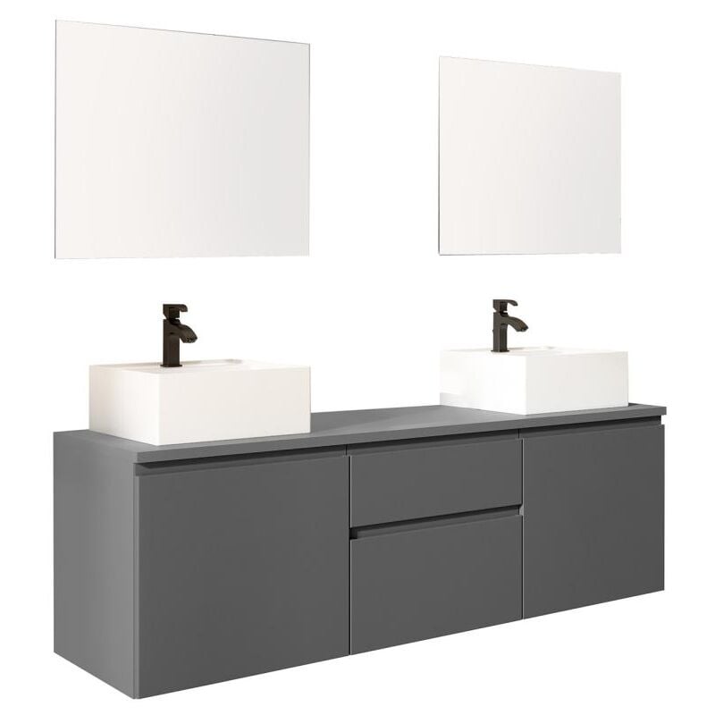 Vente-unique - Meuble de salle de bain suspendu avec double vasque et miroirs - Gris - 150 cm - jimena ii