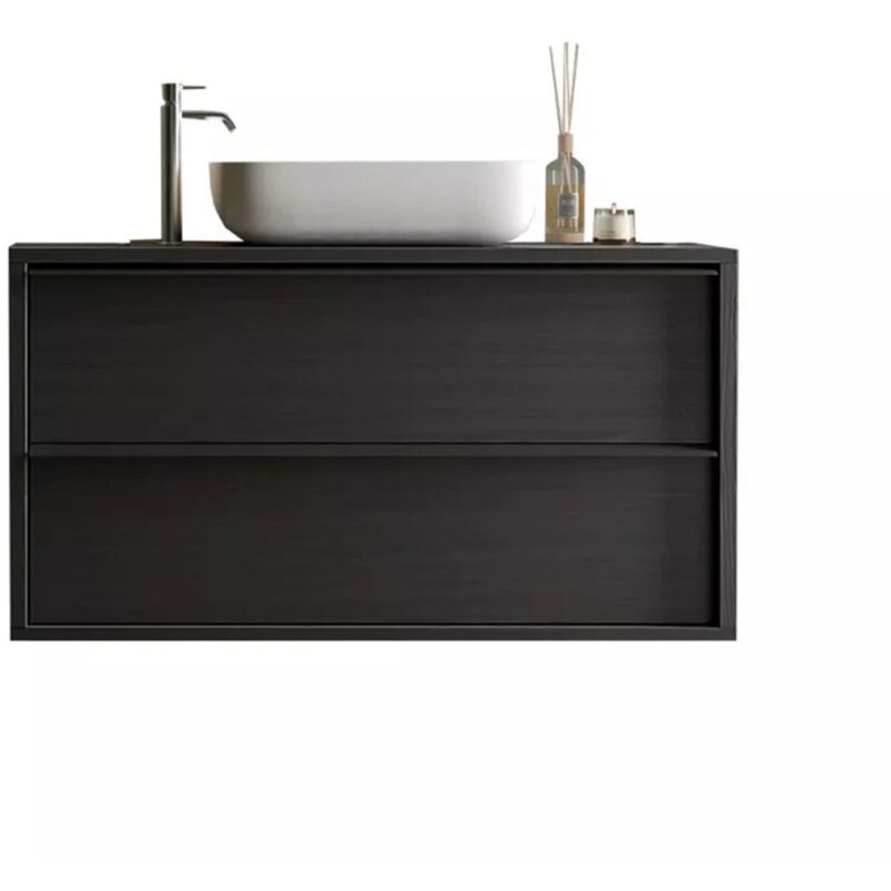 Meublorama - Meuble salle de bain suspendu frassi – Évier intégré – 2 tiroirs – Noir cendré – Design moderne