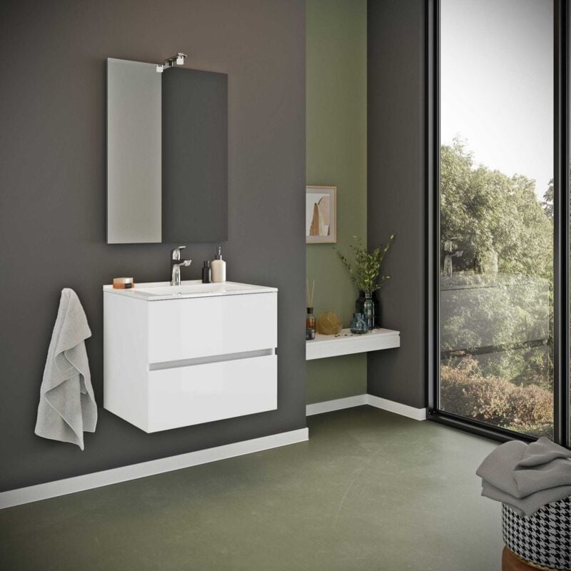 Kiamami Valentina - Meuble De Salle De Bain Suspendu Avec Lavabo 60Cm Et Tiroirs Blanc Brillant Benaco