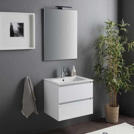 KIAMAMI VALENTINA Meuble De Salle De Bain Suspendu Avec Lavabo 60Cm Et Tiroirs Blanc Brillant Benaco