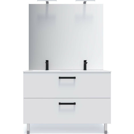 Meuble de salle de bain suspendu avec pieds double vasque intégrée 120cm 2 tiroirs Blanc + miroir - Chelsea