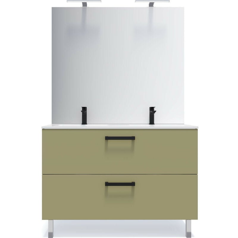 Homifab - Meuble de salle de bain suspendu avec pieds double vasque intégrée 120cm 2 tiroirs Vert olive + miroir - Chelsea
