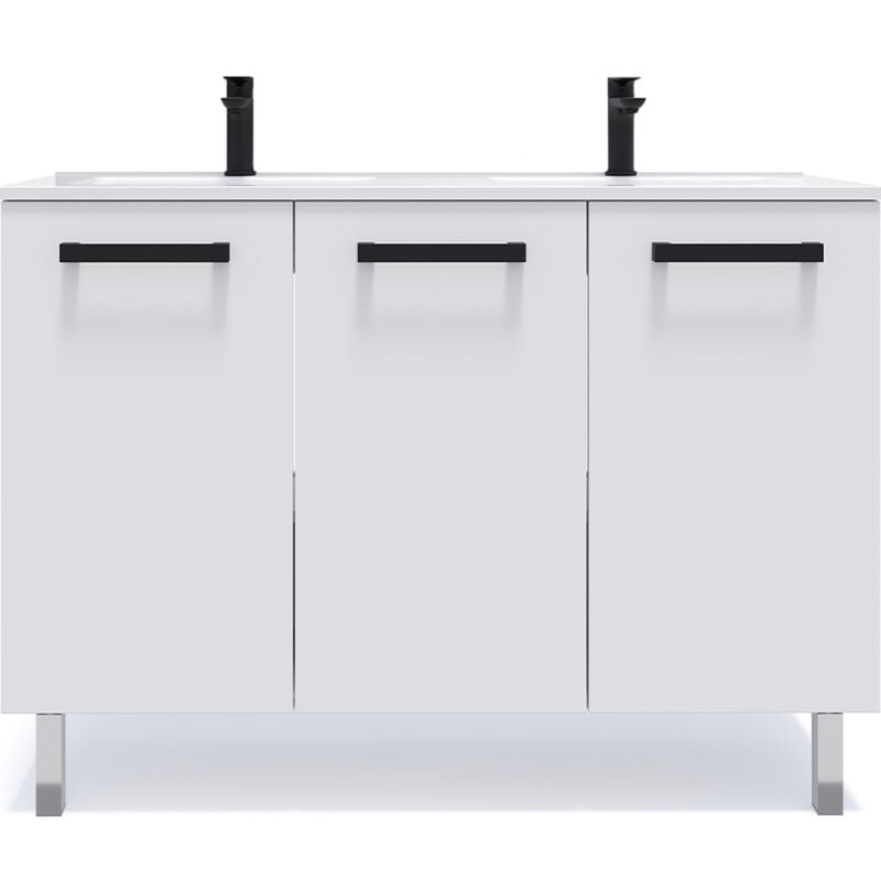 Homifab - Meuble de salle de bain suspendu avec pieds double vasque intégrée 120cm 3 portes Blanc - Chelsea