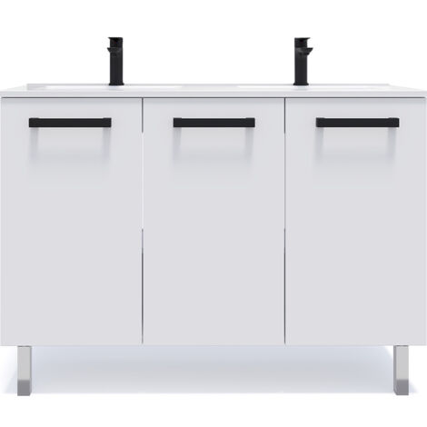 Meuble de salle de bain suspendu avec pieds double vasque intégrée 120cm 3 portes Blanc - Chelsea