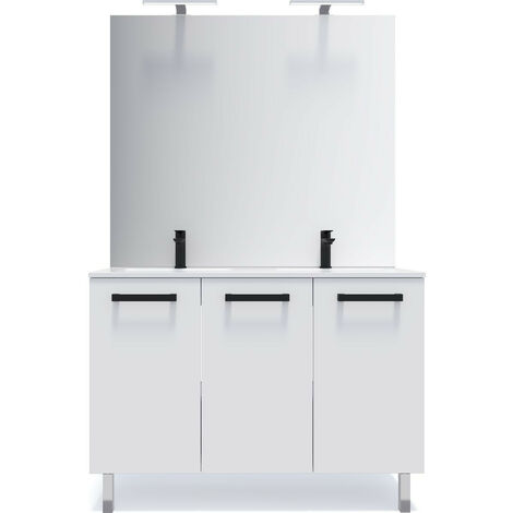 Meuble de salle de bain suspendu avec pieds double vasque intégrée 120cm 3 portes Blanc + miroir - Chelsea