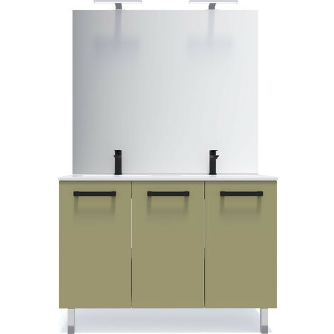 Meuble de salle de bain suspendu avec pieds double vasque intégrée 120cm 3 portes Vert olive + miroir - Chelsea