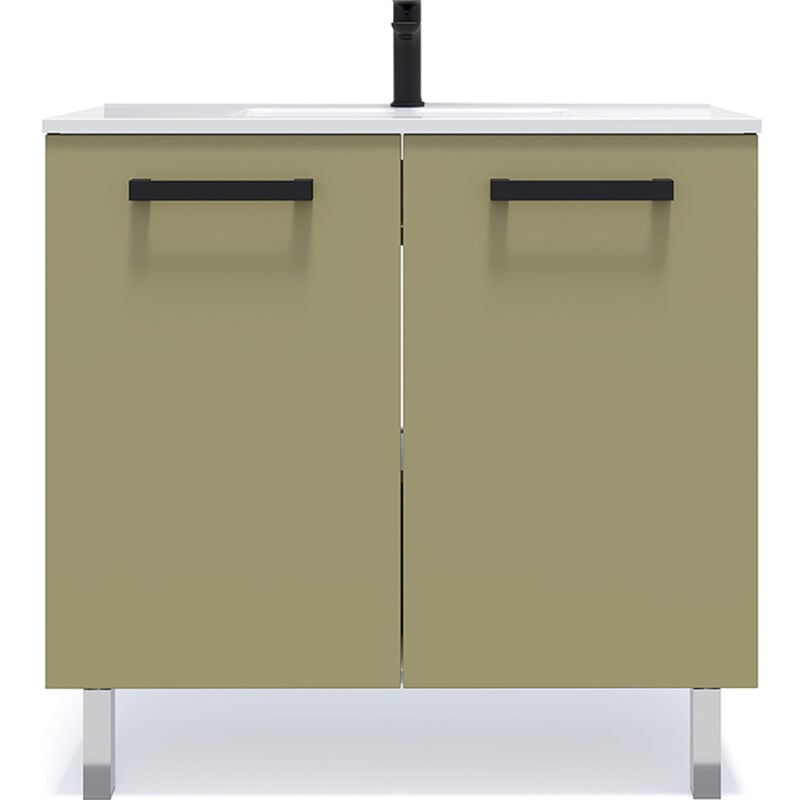 Homifab - Meuble de salle de bain suspendu avec pieds vasque intégrée 90cm 2 portes Vert olive - Chelsea