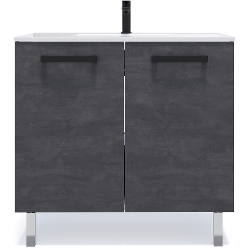 Homifab - Meuble de salle de bain suspendu avec pieds vasque intégrée 90cm 2 portes Ardoise métallisée - Chelsea