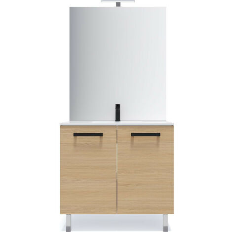 Meuble de salle de bain suspendu avec pieds vasque intégrée 90cm 2 portes Chêne clair + miroir - Chelsea