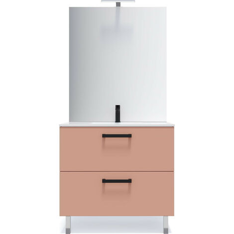 Meuble de salle de bain suspendu avec pieds vasque intégrée 90cm 2 tiroirs Abricot + miroir - Chelsea