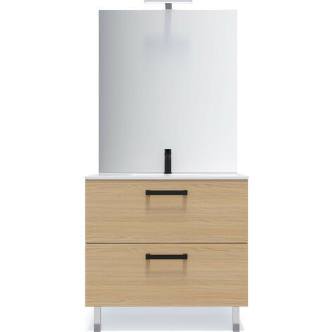 Meuble de salle de bain suspendu avec pieds vasque intégrée 90cm 2 tiroirs Chêne clair + miroir - Chelsea