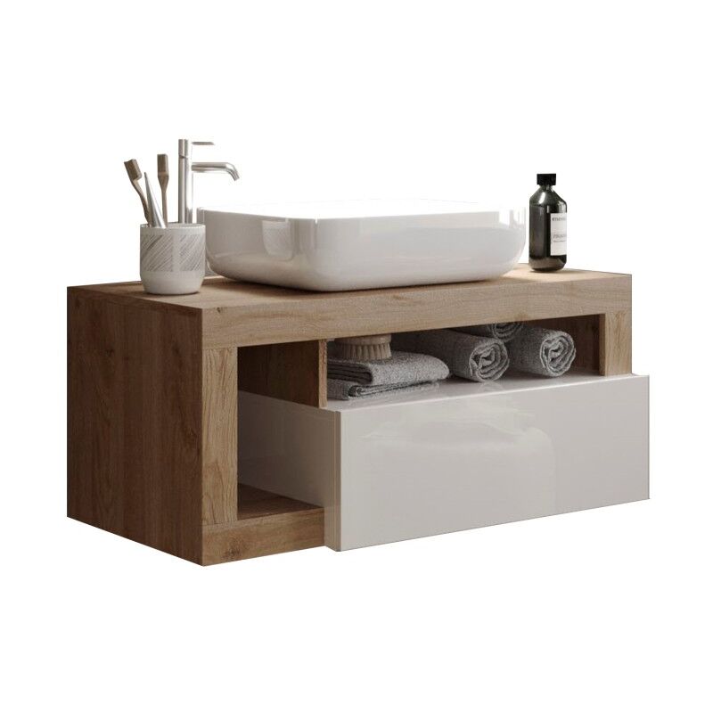 Meuble de salle de bain suspendu avec vasque et tiroir, collection BURA, blanc brillant/chêne clair