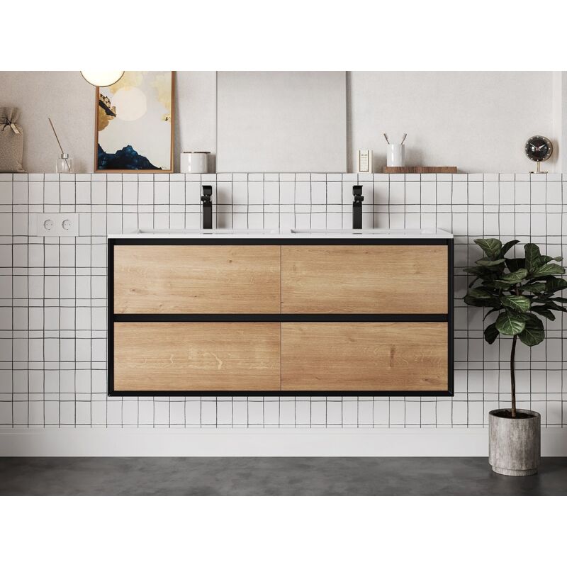 Vente-Unique – Meuble de salle de bain suspendu 120 cm – Vasque à encastrer céramique – MDF naturel clair et noir – 4 tiroirs soft close
