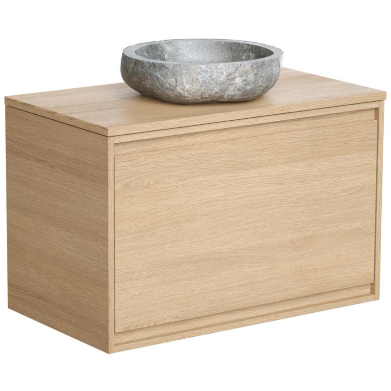 Vente-unique - Meuble de salle de bain suspendu avec vasque à poser en pierre - Placage chêne - 80 cm - mesliva