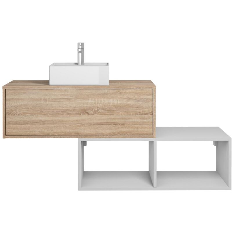 Vente-unique - Meuble de salle de bain suspendu avec vasque carrée - 1 tiroir naturel clair et 2 niches blanches - 94 cm - teana ii