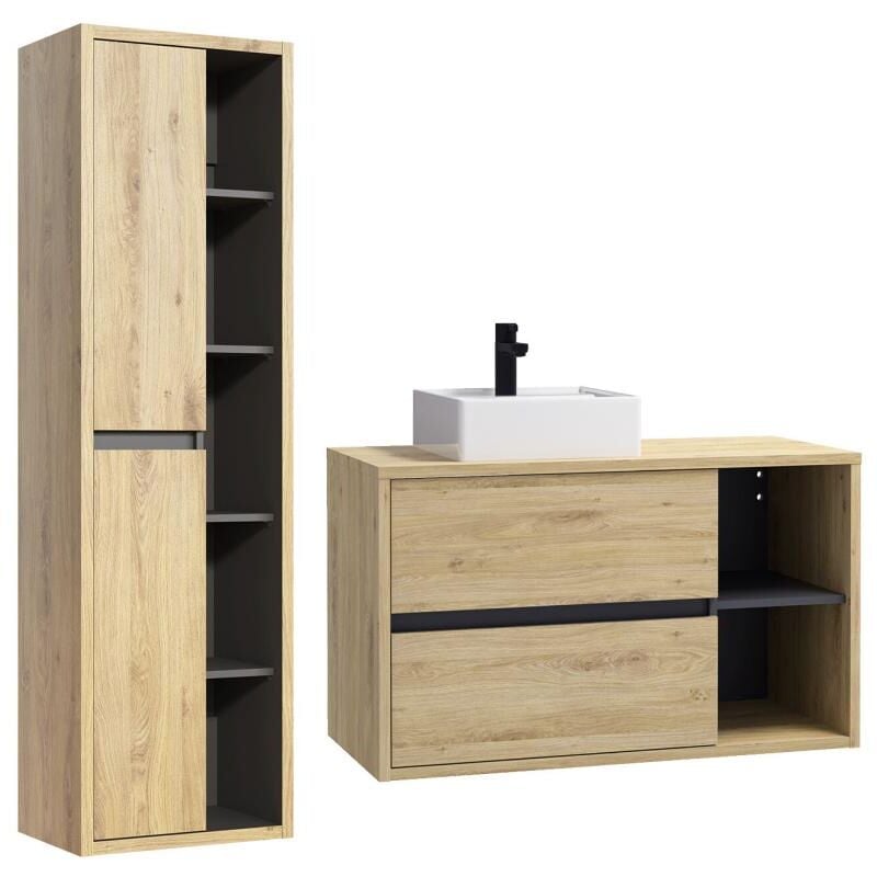 Vente-unique - Meuble de salle de bain suspendu avec vasque carrée et colonne - Coloris naturel - 100 cm - purnal