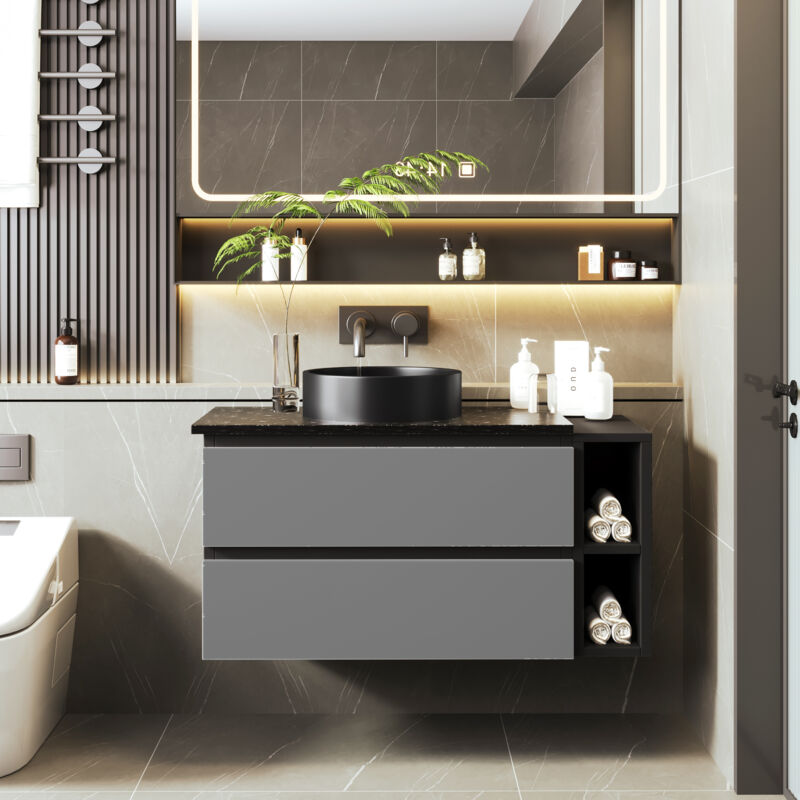 modernluxe - meuble de salle de bain suspendu avec vasque en céramique et 2 tiroirs - plateaux en marbre l 80cm - design moderne - gris(robinet non