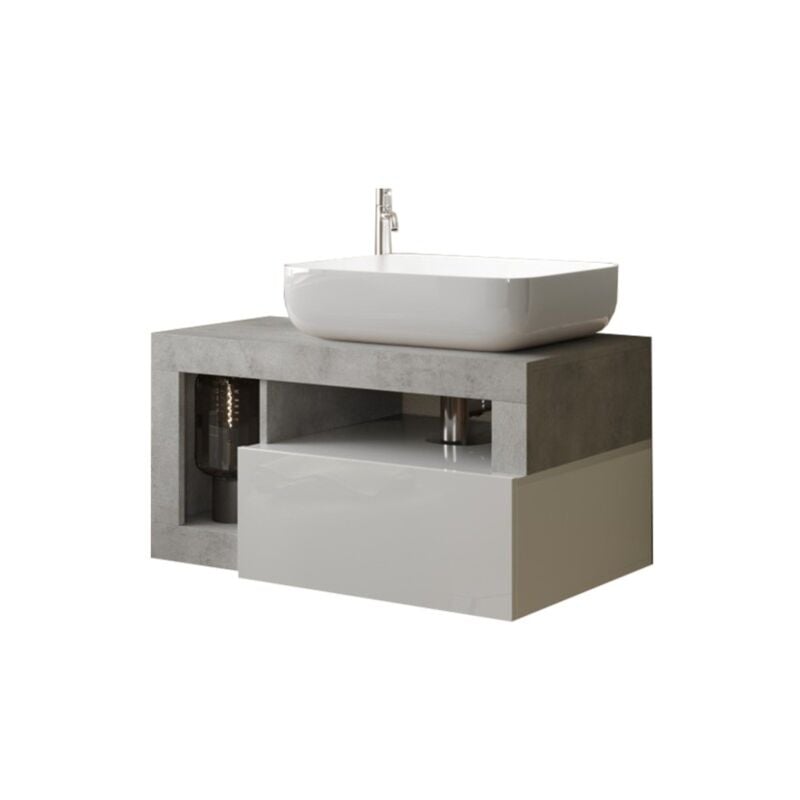 Meublorama - Meuble de salle de bain suspendu avec vasque et 1 tiroir, longueur 79cm, collection bura, coloris blanc brillant et béton