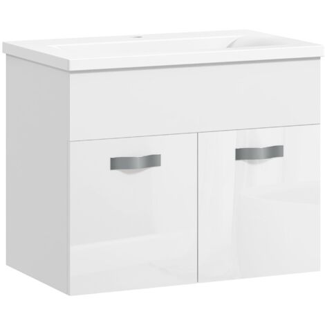 Meuble de salle de bain suspendu avec vasque, meuble à 2 portes avec charnières à fermeture douce, 61 x 40 x 50 cm, blanc brillant