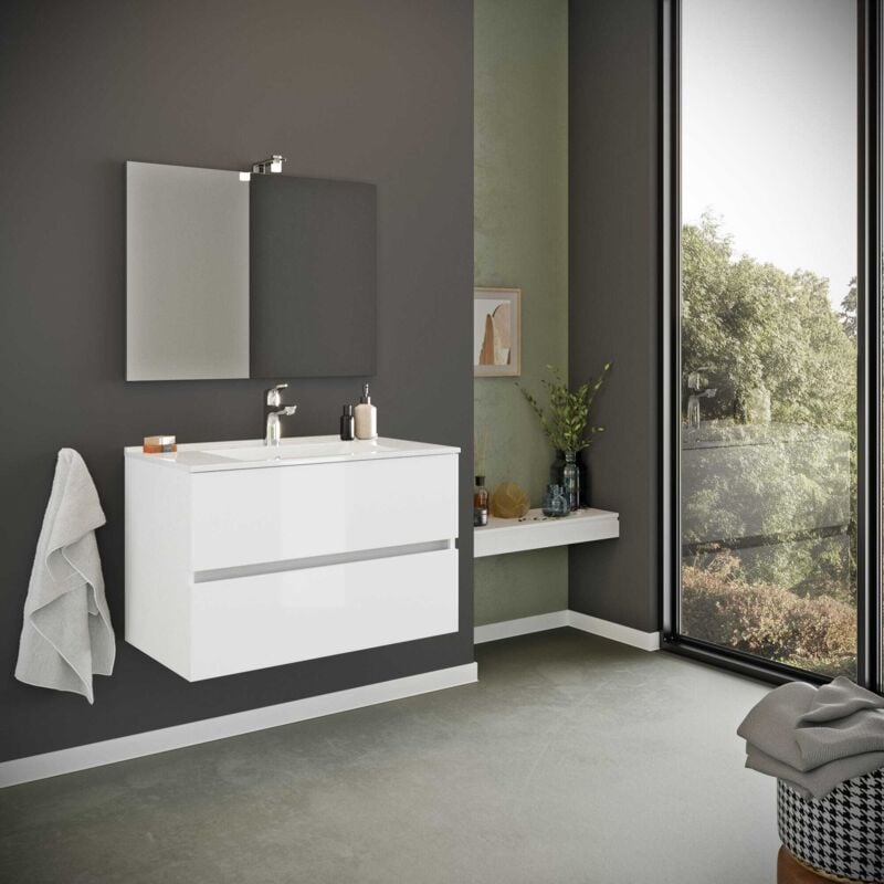 Kiamami Valentina - Meuble De Salle De Bain Suspendu Blanc Brillant 80Cm 2 Tiroirs Benaco