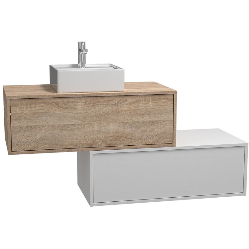 Vente-unique - Meuble de salle de bain suspendu blanc et naturel clair avec simple vasque carrée et deux tiroirs - 94 cm - teana ii