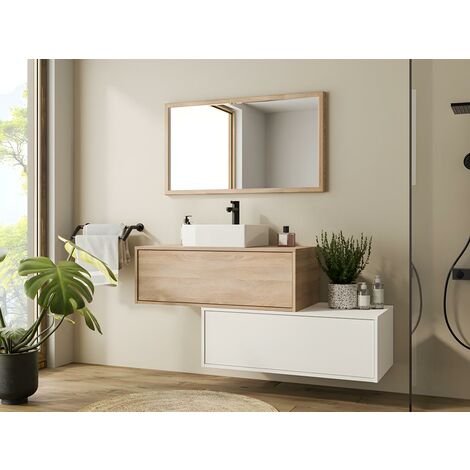 Meuble de salle de bain suspendu blanc et naturel clair avec simple vasque et deux tiroirs - TEANA - Naturel clair, Blanc