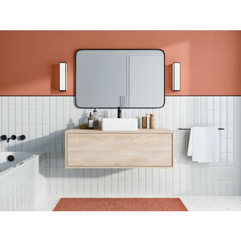 Meuble de salle de bain suspendu coloris naturel clair avec simple vasque - TEANA - Naturel clair