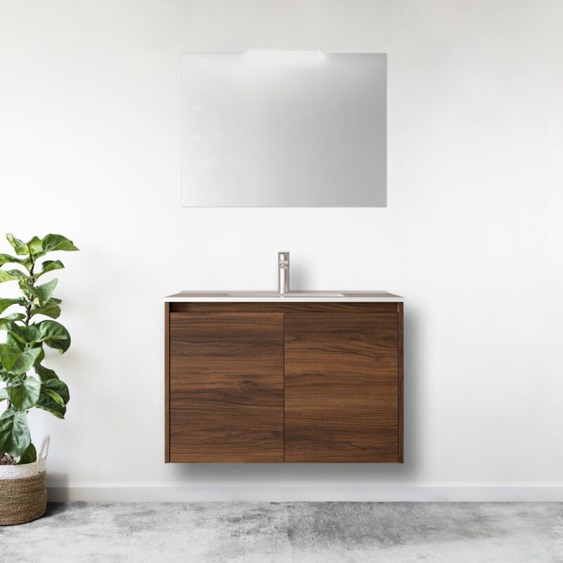 Meuble de salle de bain suspendu de 80 cm à deux portes en bois de noyer maya avec lavabo intégré - Nova - Avec miroir et lampe LED