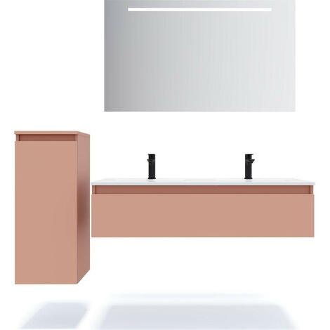 Meuble de salle de bain suspendu double vasque intégrée 120cm 1 tiroir Abricot + miroir + colonne ouverture gauche - Hudson