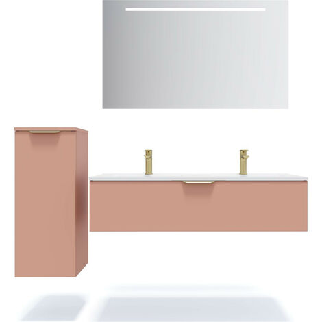 Meuble de salle de bain suspendu double vasque intégrée 120cm 1 tiroir Abricot + miroir + colonne ouverture gauche - Venice