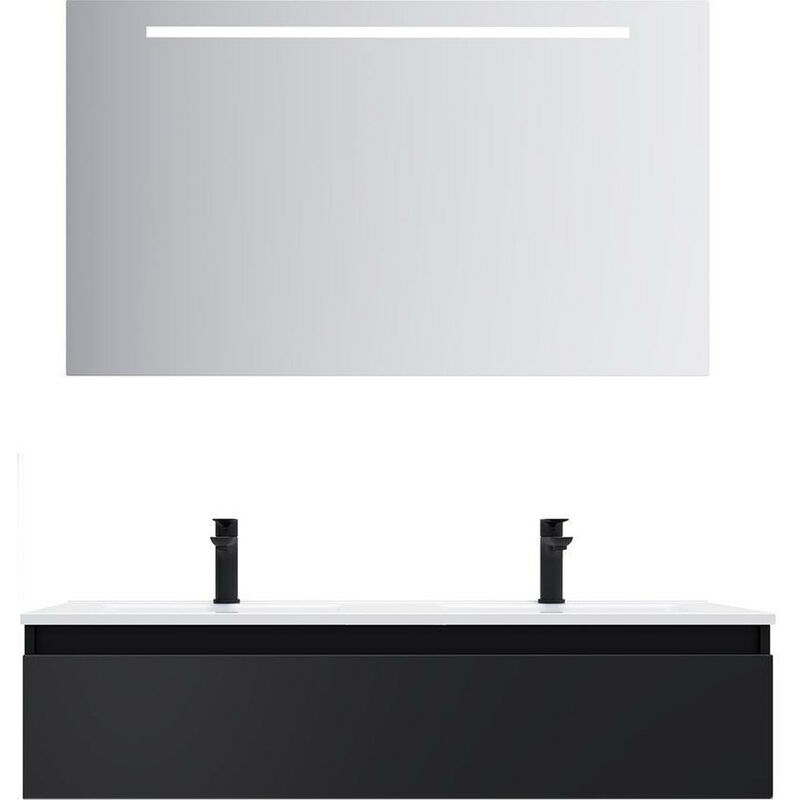 Homifab - Meuble de salle de bain suspendu double vasque intégrée 120cm 1 tiroir Noir + miroir - Hudson