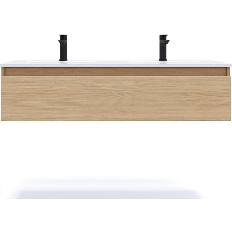 Homifab - Meuble de salle de bain suspendu double vasque intégrée 120cm 1 tiroir Chêne clair - Hudson