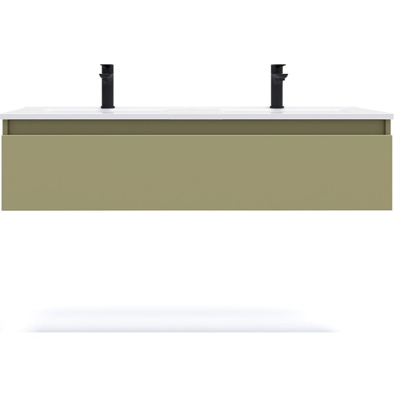 Homifab - Meuble de salle de bain suspendu double vasque intégrée 120cm 1 tiroir Vert olive - Hudson