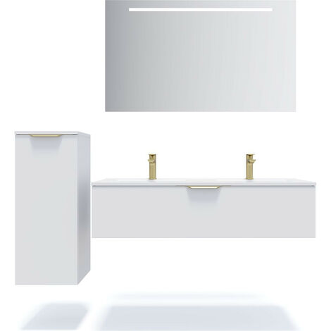 Meuble de salle de bain suspendu double vasque intégrée 120cm 1 tiroir Blanc + miroir + colonne ouverture gauche - Venice