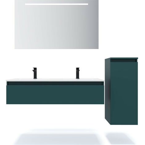 Meuble de salle de bain suspendu double vasque intégrée 120cm 1 tiroir Bleu + miroir + colonne ouverture droite - Hudson