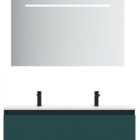 Meuble de salle de bain suspendu double vasque intégrée 120cm 1 tiroir Bleu + miroir - Hudson
