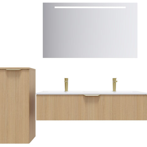Meuble de salle de bain suspendu double vasque intégrée 120cm 1 tiroir Chêne cannelé + miroir +colonne ouverture gauche - Venice