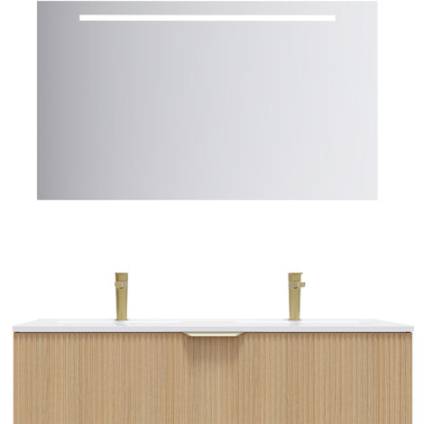 Meuble de salle de bain suspendu double vasque intégrée 120cm 1 tiroir Chêne cannelé + miroir - Venice
