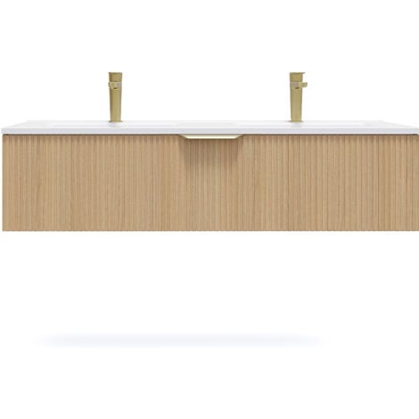 Meuble de salle de bain suspendu double vasque intégrée 120cm 1 tiroir Chêne cannelé - Venice