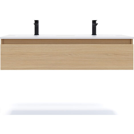 Meuble de salle de bain suspendu double vasque intégrée 120cm 1 tiroir Chêne clair - Hudson