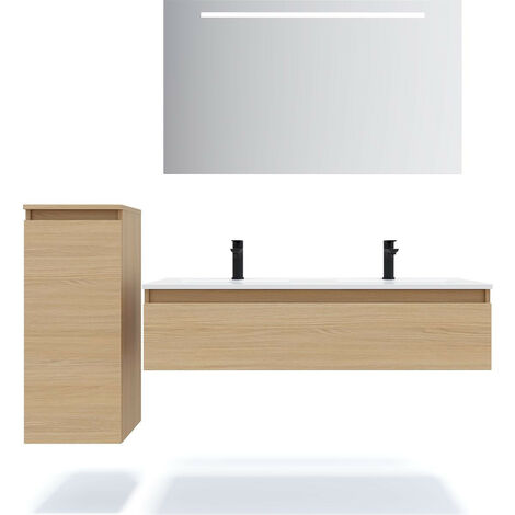 Meuble de salle de bain suspendu double vasque intégrée 120cm 1 tiroir Chêne clair + miroir + colonne ouverture gauche - Hudson