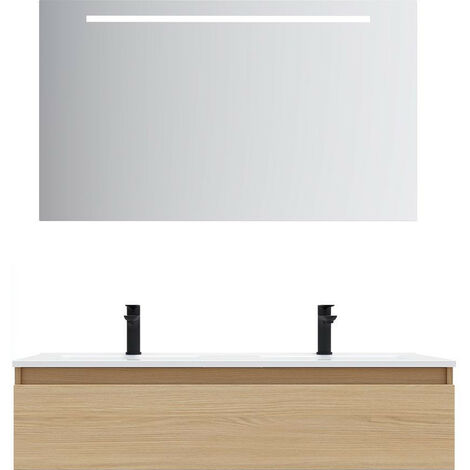 Meuble de salle de bain suspendu double vasque intégrée 120cm 1 tiroir Chêne clair + miroir - Hudson