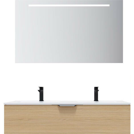 Meuble de salle de bain suspendu double vasque intégrée 120cm 1 tiroir Chêne clair + miroir - Venice